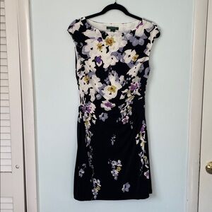 Ralph Lauren Black and Purple Floral Knee Length Dress with Cap Sleeves Size 8